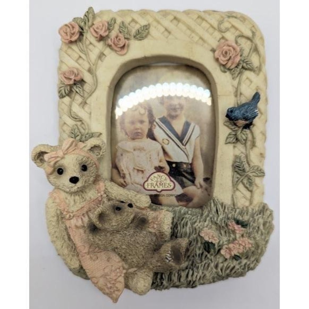 Vtg 1992 United Design Corp Fancy Frames Teddy Bear Rose Bluebird Photo Frame 3D